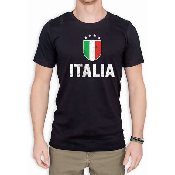 Vintage Italia Flag Shield Men's Graphic T-Shirt Retro Italy Soccer Fan Cotton Tee Black