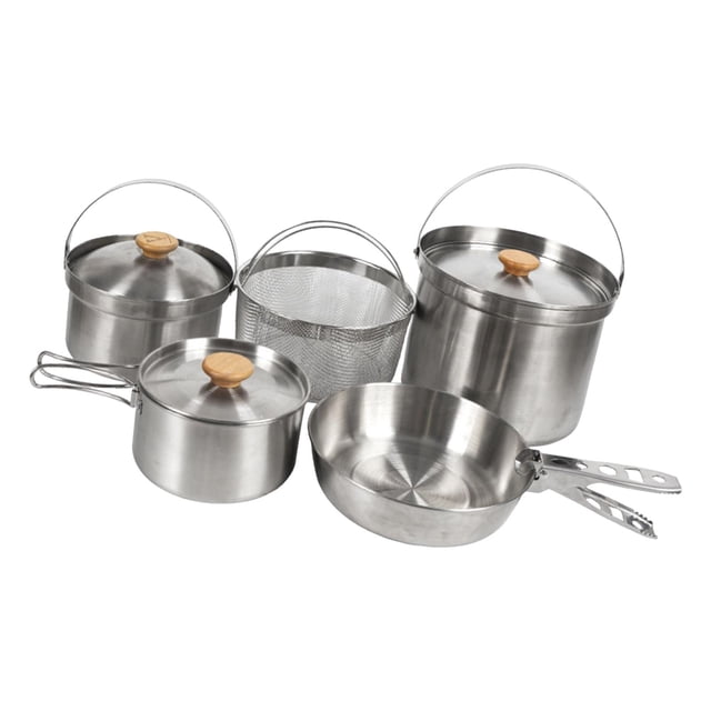 5x Kit de de cocina de acero inoxidable Sartén para acampar Vajilla Mango Hogar apilable con bolsa de almacenamiento Utensilios de cocina para
