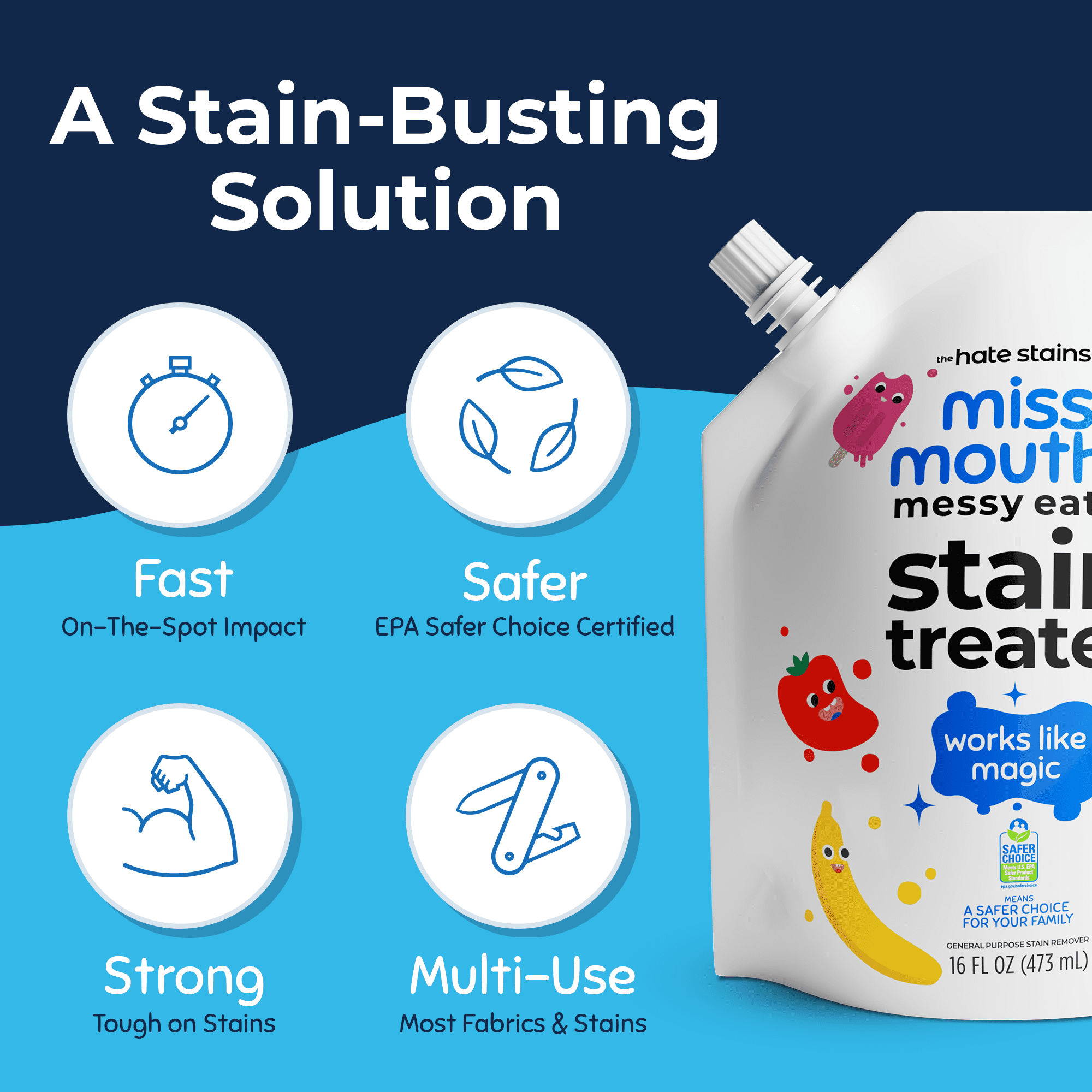 Miss Mouth's Messy Eater Stain Treater Refill Pouch, 16 floz, Stain Remover for Food, Grease, Coffee & More, Gentle on Laundry