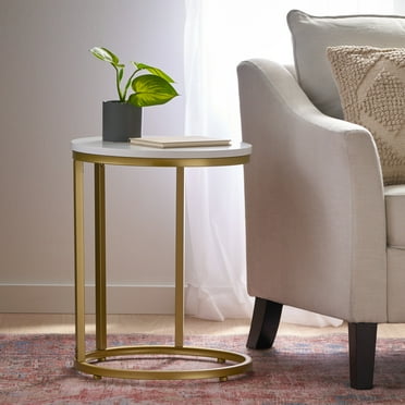 Noble House Specter Iron C-Shaped End Table with Tempered Glass, Gold and White