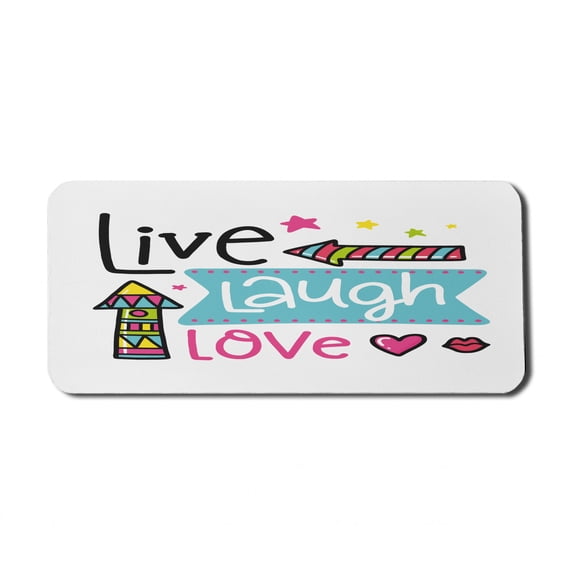 Live Laugh Love Computer Mouse Pad, Lively Colors Cartoon Arrows with Geometric Shapes Kiss Hearts Phrase Print, Rectangle Non-Slip Rubber Mousepad X-Large, 35" x 15", Multicolor, by Ambesonne