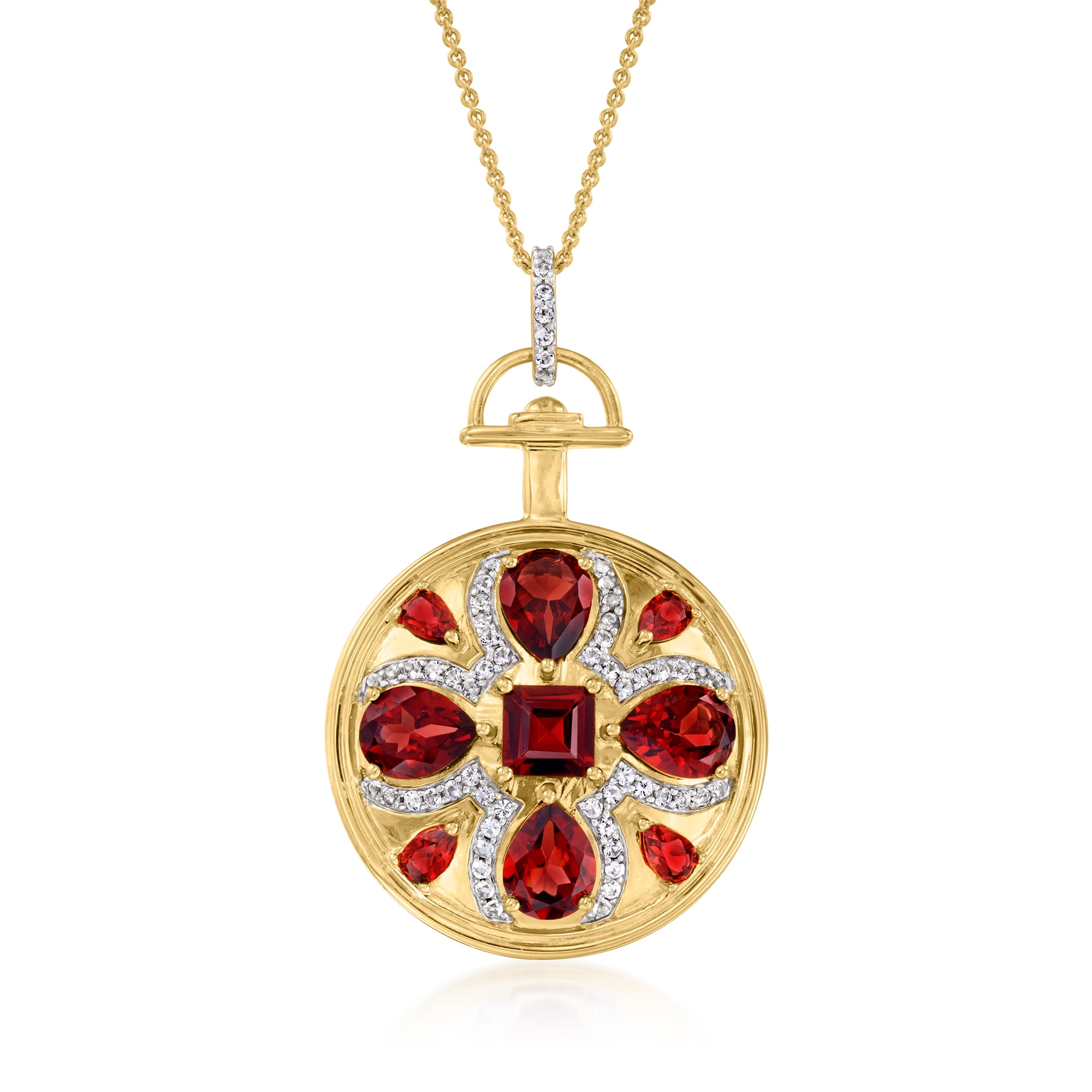 Ross-Simons 7.30 ct. t.w. Garnet and .50 ct. t.w. White Topaz Medallion  Pendant Necklace in 18kt Gold Over Sterling