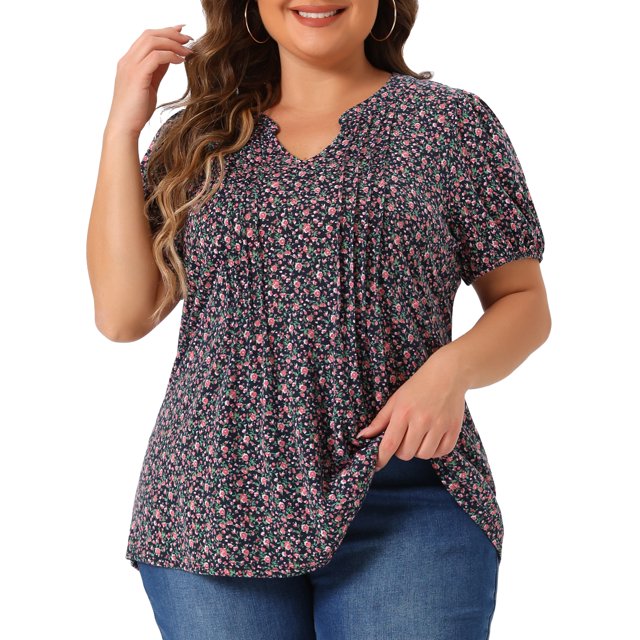 Blusas de verano casuales de manga corta con cuello en V y estampado floral para mujeres de tallas grandes Agnes Orinda 2X azul marino