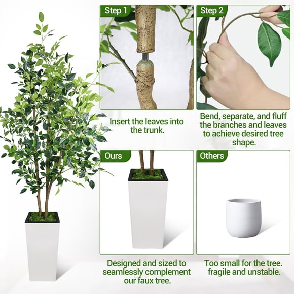 Lifelike and Low Maintenance Artificial Ficus Benjamina Tree - Faux Indoor Plant with Realistic Silk Leaves and Plastic Trunk - UV Resistant Decorative Greenery for Home or Office - 6FT