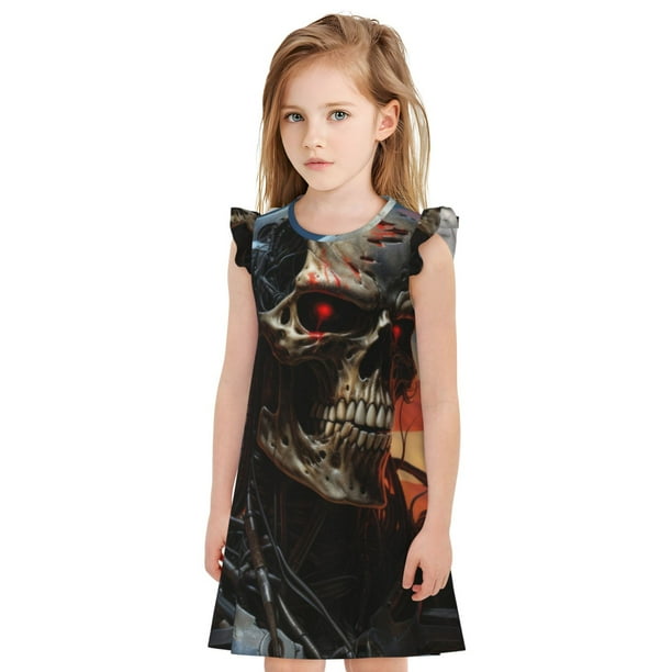 Fotbe Cyberpunk Skull American Flag Vestido de Dormir para Niñas de 3 a 10 Años, Mangas Cortas, Estilo Princesa, Pijama Camisón con Mangas Voladas-Large