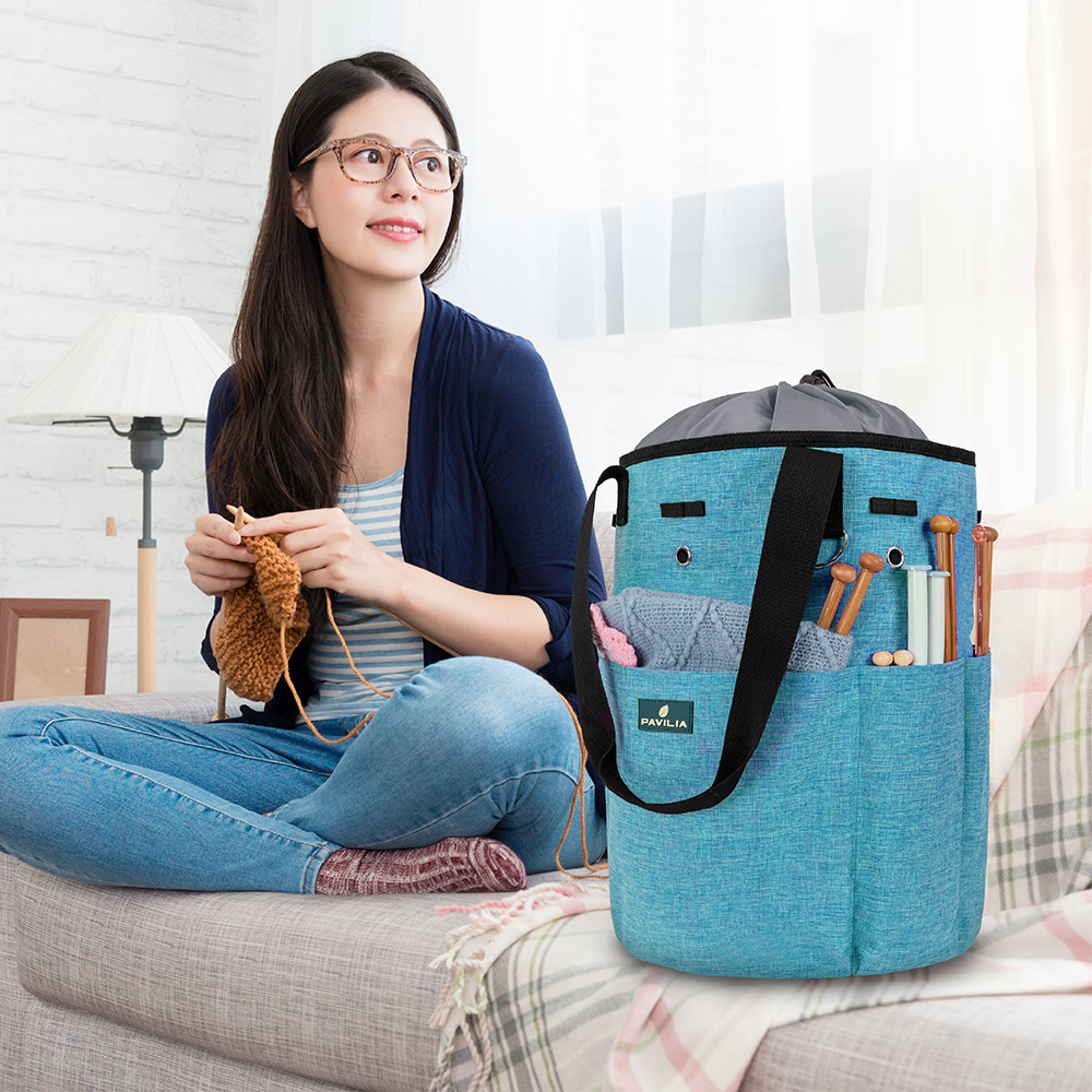 PAVILIA Knitting Bag Crochet Organizer Bag, Yarn Storage Tote, Knitting Accessories Supplies, Yarn Holder For Knitting With Grommets, Needles Hooks Essentials, Crochet Project Case (Turquoise Blue)