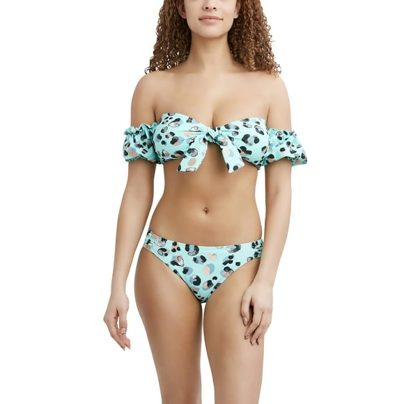 BCBGeneration Women's Bandeau Swimsuit Top with Off The Shoulder Sleeves, Mint, Medium