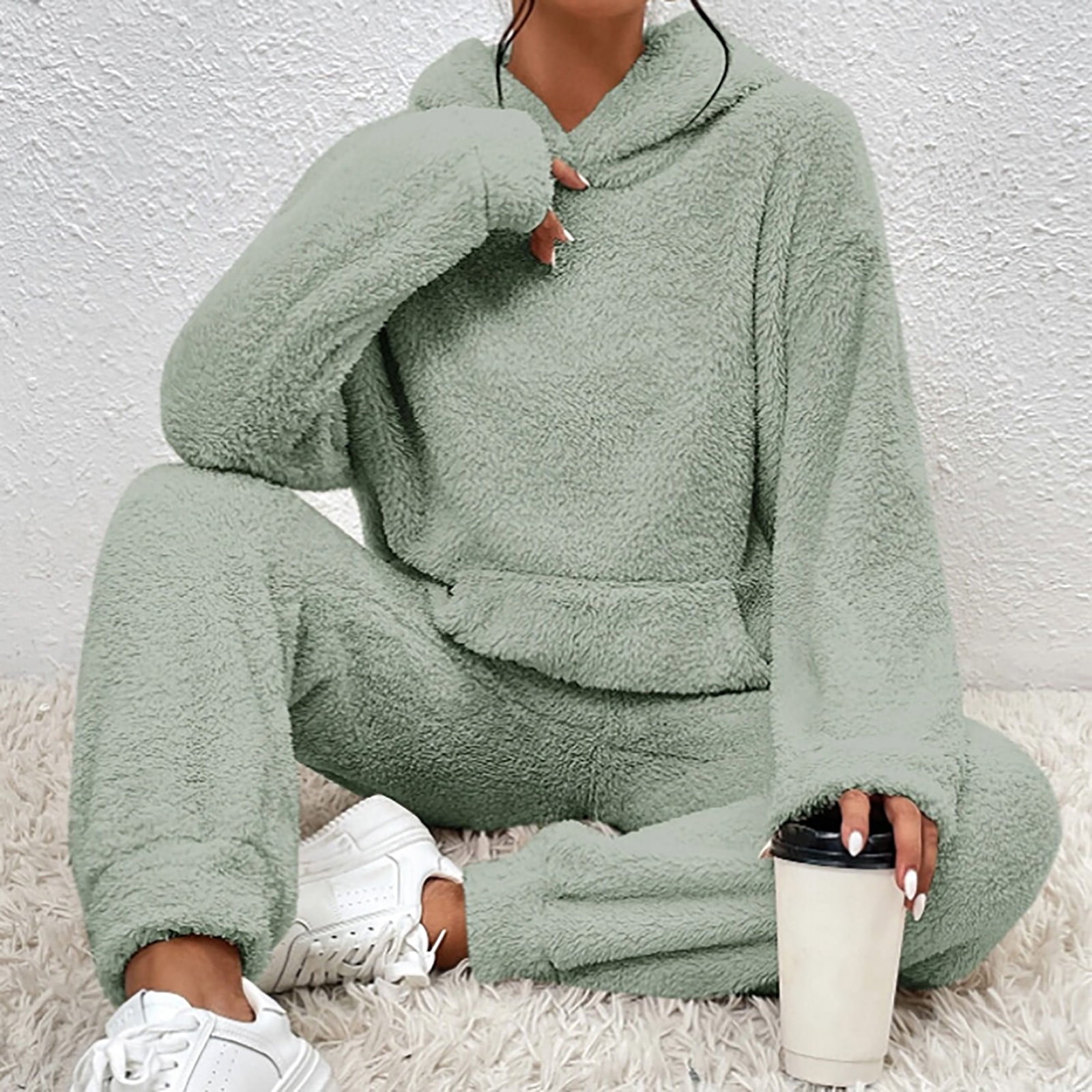 Solid plush hooded & pocket pants set deals