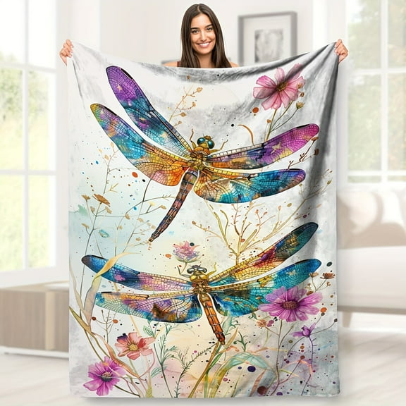 Vibrant Watercolor Dragonfly Blanket: Soft Fleece Animal Theme All Seasons 65" x 165cm