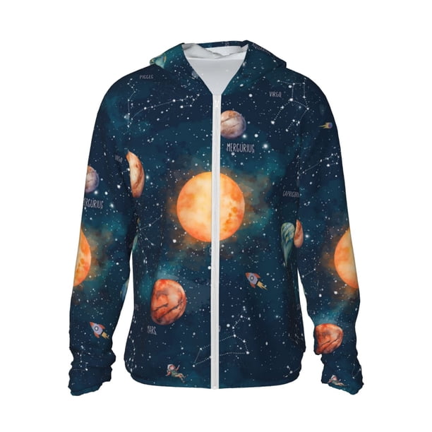 Fotbe Solar System And Planets Chaqueta con Protección Solar UPF 50+ para Hombre y Mujer, Camisa con Capucha y Bolsillos-Medium