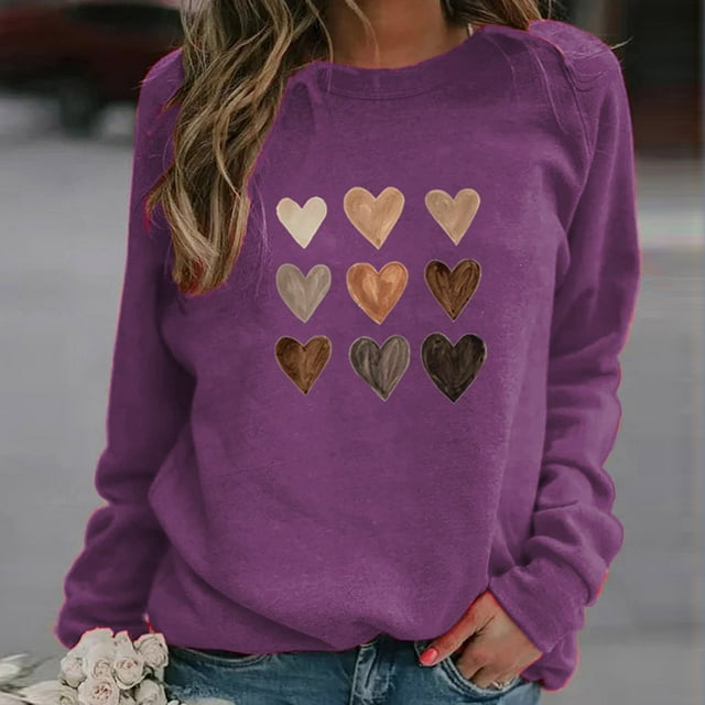 Meichang Chandails à Col Rond pour Femmes à Manches Longues Raglan Chandail de Détente Mignon à Motif de Cœur d'Amour Automne Sans Capuchon Chandail Ample Chandails