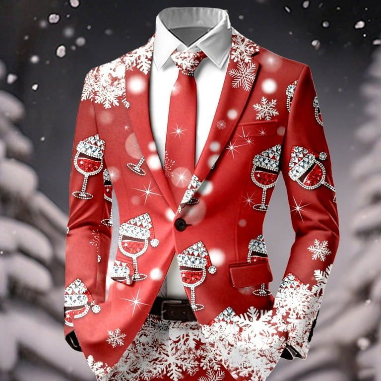 KKBOTIVE Mens Christmas Suit Xmas Printed Holiday Party Tuxedo 2pc