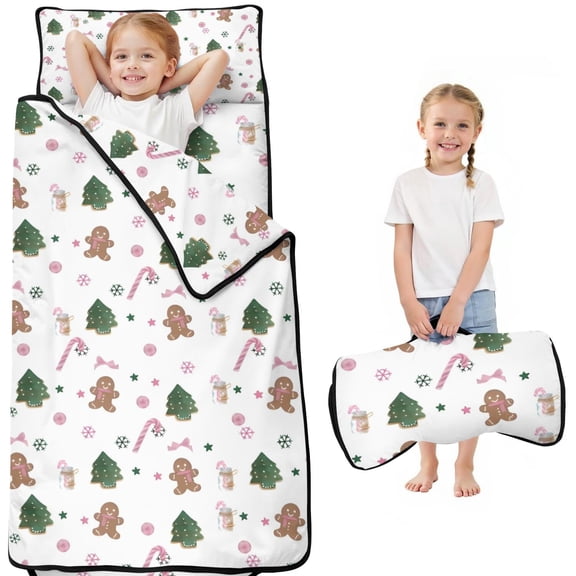 White Christmas Gingerbread Man Pattern Toddler Nap Mats for Kids Preschool,50"x20" Sleeping Mat Bag or Kids,Toddler Sleeping Bag,Toddler Nap Mat or Daycare