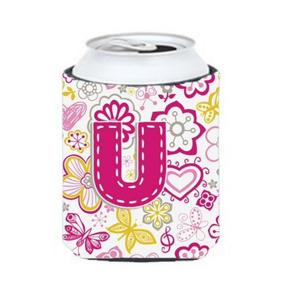 Letter U Flowers And Butterflies Pink Can & Bottle Hugger
