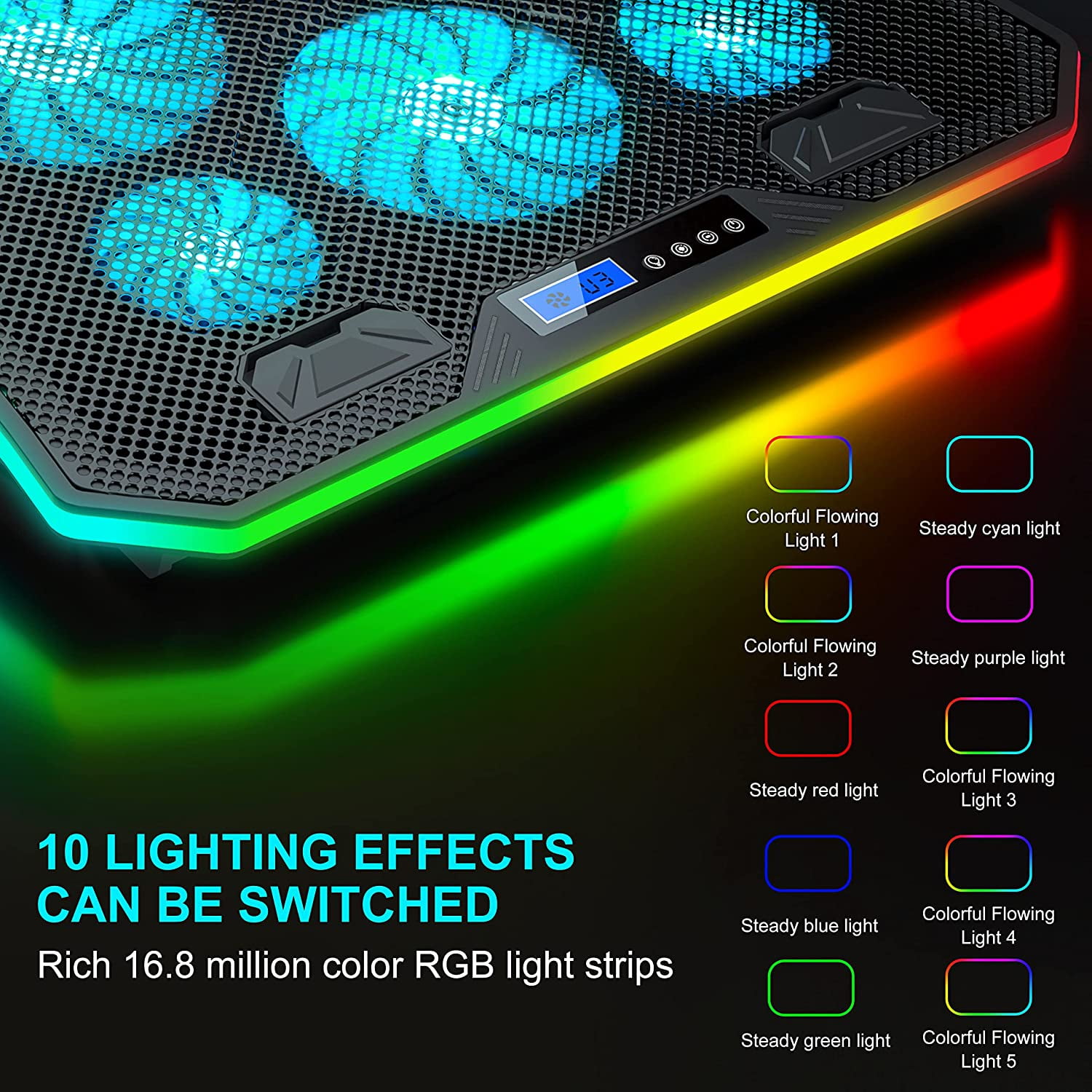 C12 Laptop Cooling Pad RGB Gaming Notebook Cooler for Desk and Lap Use, Fan Stand 8 Adjustable Heights with 6 Quiet Fans Phone Holder, 15.6-17.3 Inch Laptops-Ice Blue LED Light
