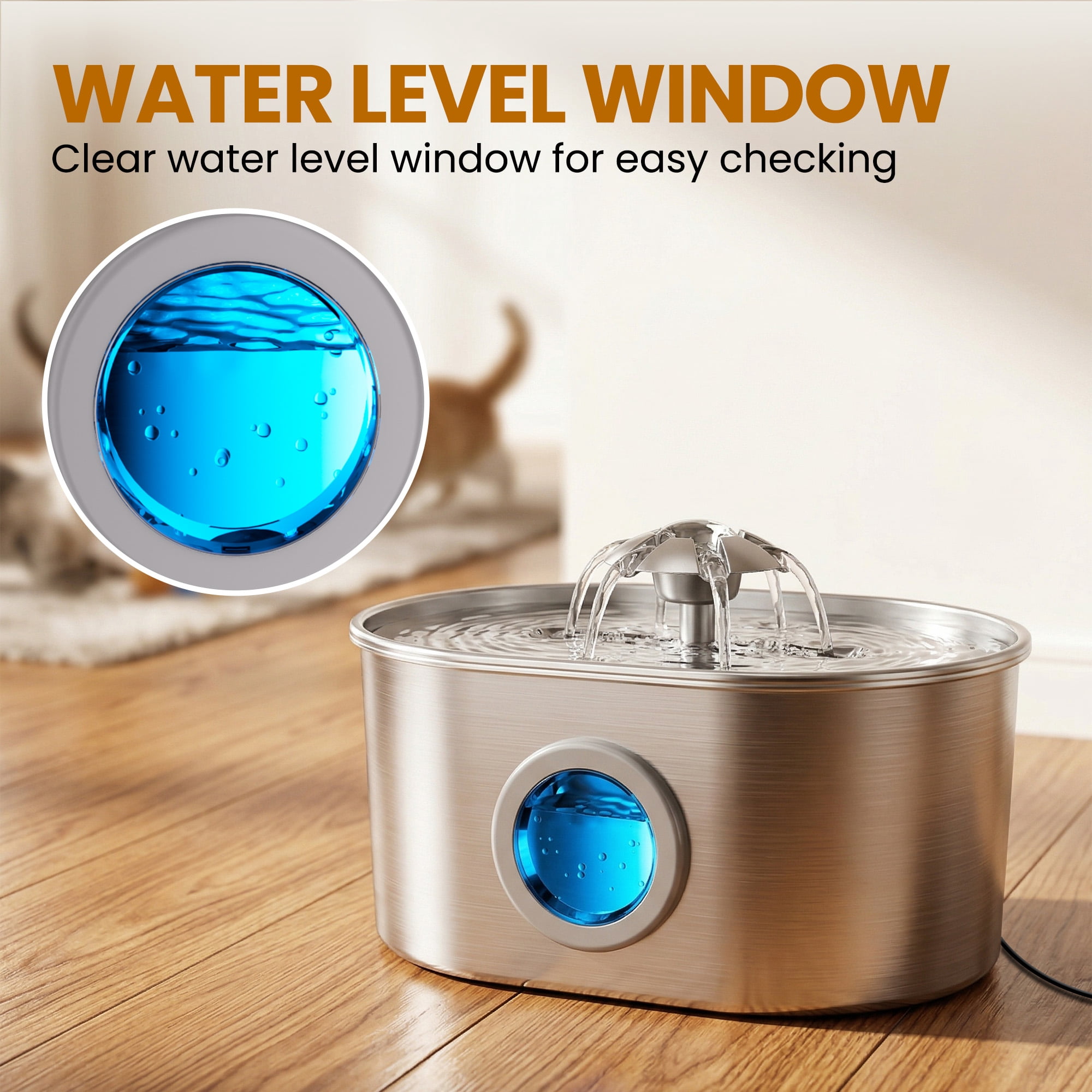 FURCLAN Cat Water Fountain Stainless Steel, 74oz 2.2L Pet Water Dispenser with LED Light, Visible Water Window, 3 Filters for Cats and Pets