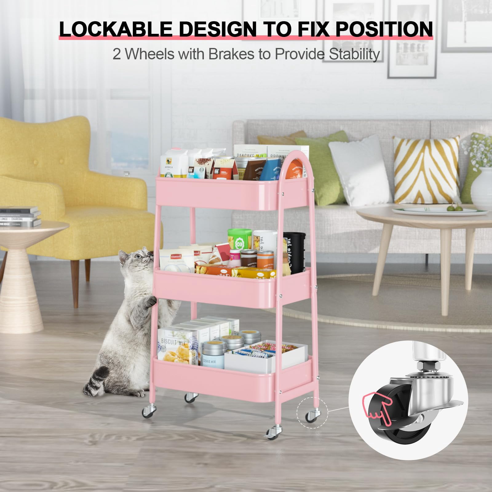 Baby Diaper Caddy Organizer Cart Metal rolling cart,3 Tier Rolling Storage Cart with Wheels,Baby Essentials for Diapers and Baby Wipes Newborn Essentials Storage Cart (Pink)