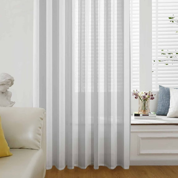 Grey Striped Semi Sheer Curtains Drapes for Living Room, Bedroom, French Doors Window 72 Inches Long, Modern Farmhouse Gray White Stripes Rod Pocket Chiffon Curtain Drapery Voile Draperies Panel