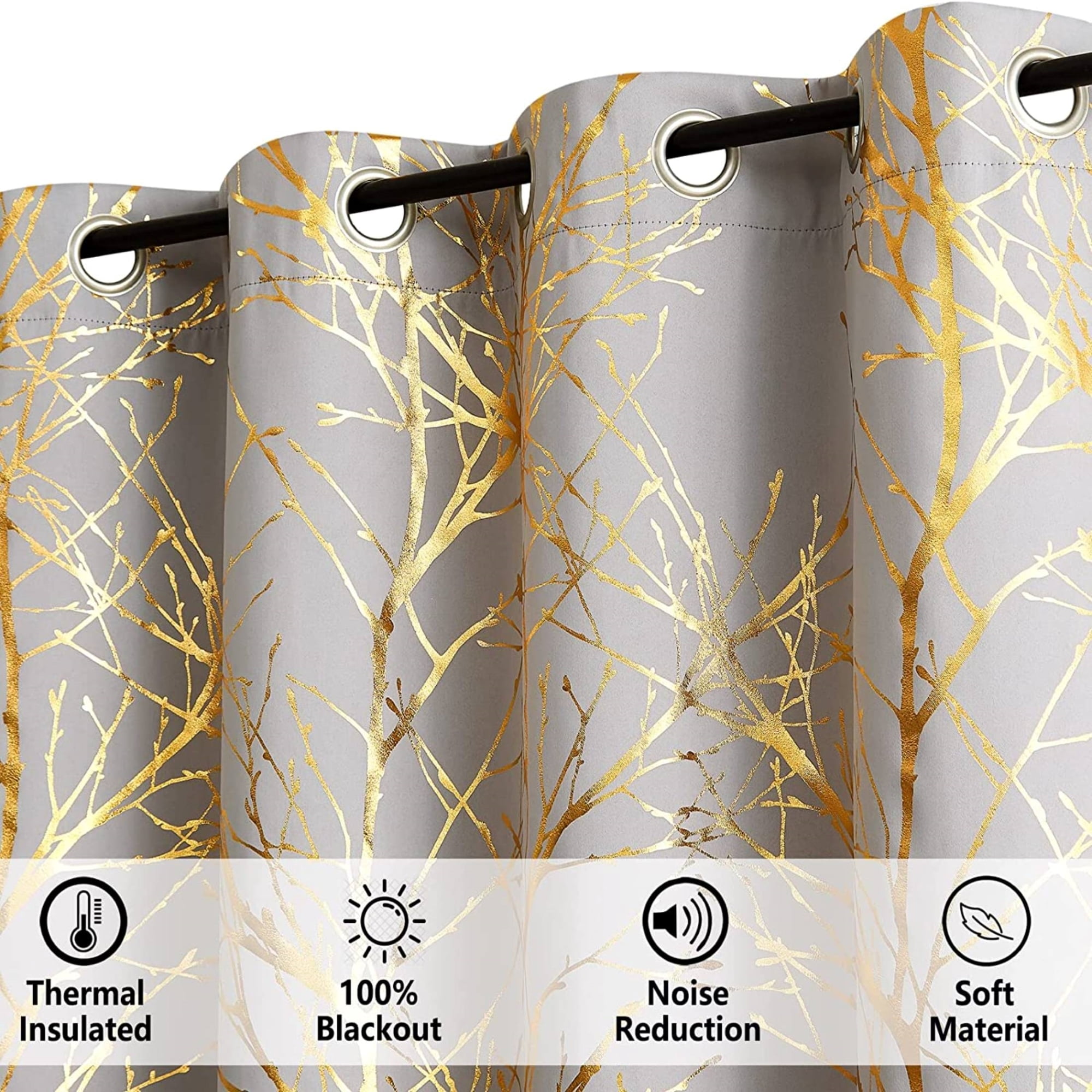Decoultimatex Gold Gray Tree Branch Metallic Print Blackout Window Curtain Panels for Living Room Bedroom Noise Reduction Drapes, Grommet Top, 50"x 63"x 2