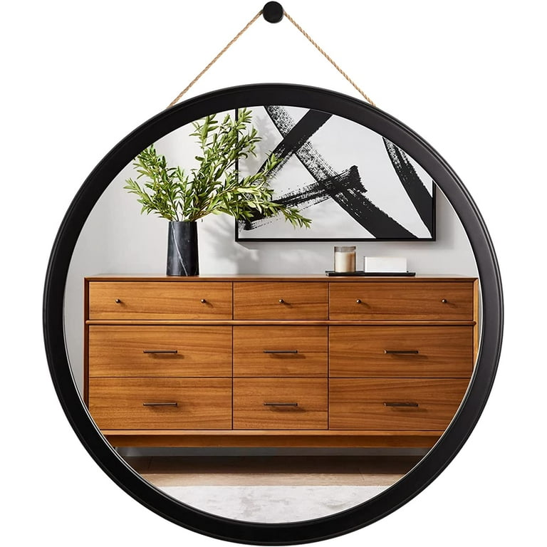 20 inch Black Round Mirror Bathroom Mirror with Beveled Wood Frame Circle  Mirror Wall Mounted Hanging for Bedroom Living Room 