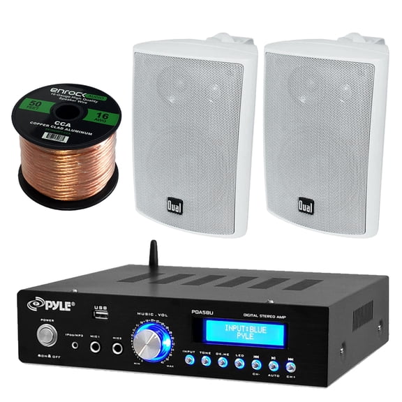 Pyle PDA5BU Amplifier Receiver Stereo, Bluetooth, FM Radio, USB Flash Reader, Aux input (3.5mm) LCD Display, 200 Watt - Bundle With Enrock 50ft 16g Speaker Wire