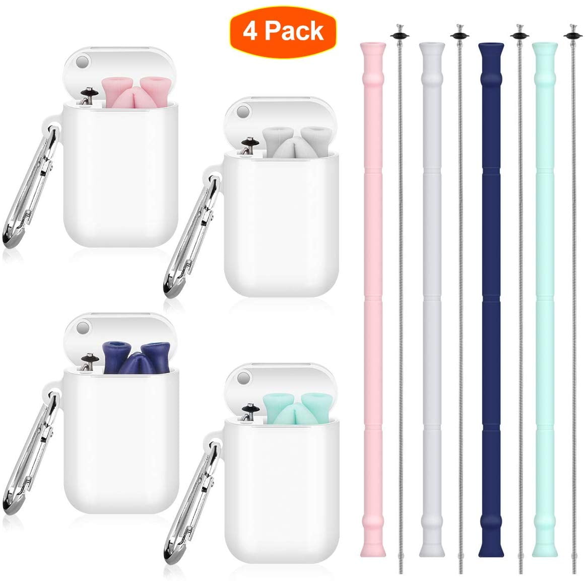 Reusable Silicone Collapsible Straws, 4 Pack FoodGrade Folding Drinking Straw Keychain Portable