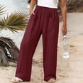 thumbnail image 4 of ZHYou No Boundarie Summer Linen Pants for Women Stretch Waist Straight Leg Lightweight Pull On Baggy Fit Trousers with 2 Flat Pockets Wine Size S, 4 of 6