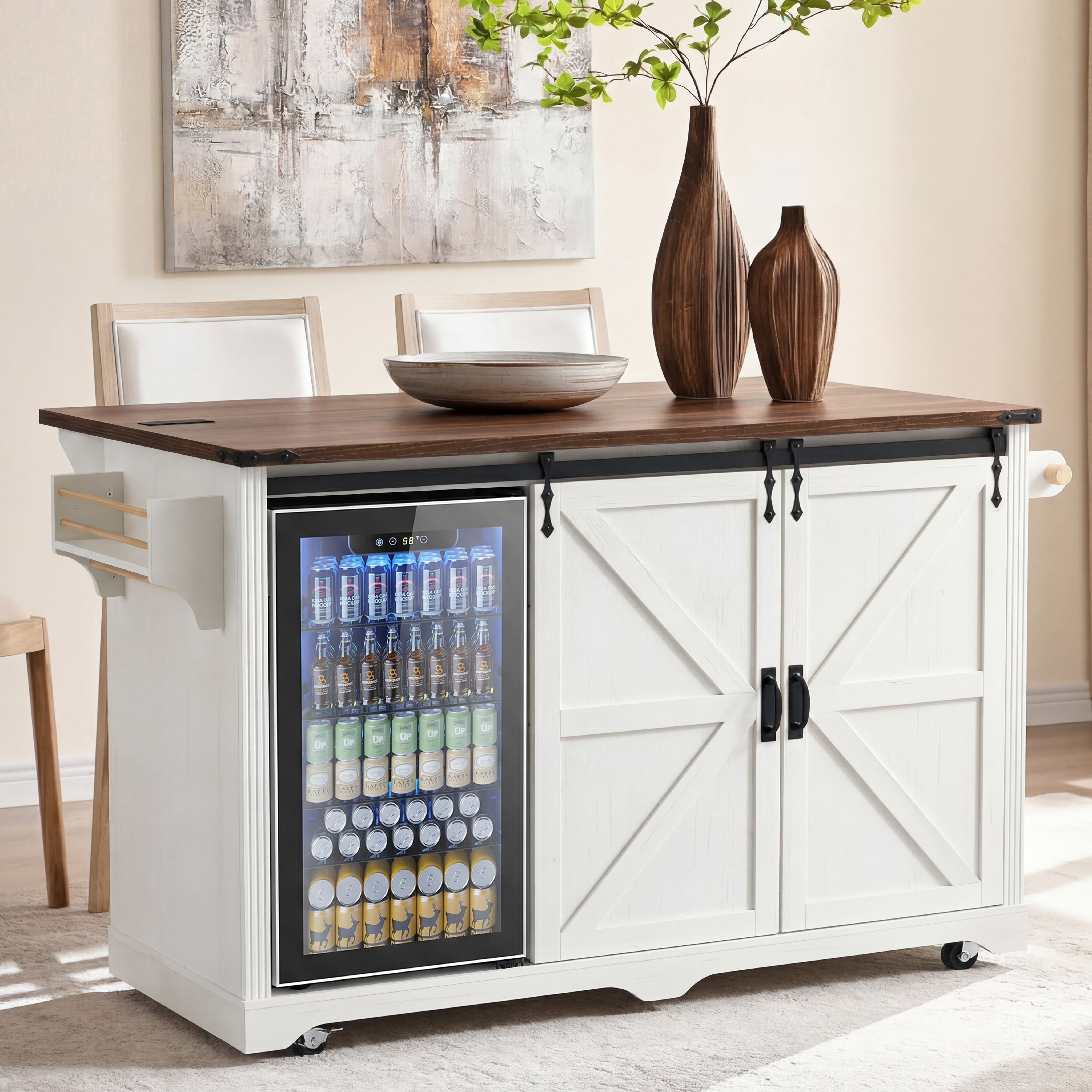 Mintazer 72" Farmhouse Rolling Kitchen Island with 2 Mini Fridge Space & Drop Leaf Countertop and Power Outlet, Bar Storage Cabinet with 4 Drawers & Barn Doors for Kitchen Dining Room, White & Walnut