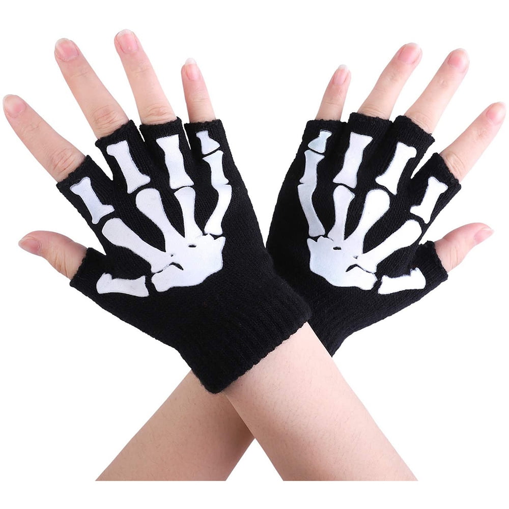 Skeleton Hand Knit Gloves Halloween Costume Accessory Winter Wear Fingerless 