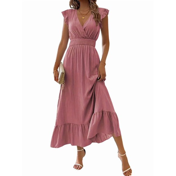 Women'S Summer Maxi Dress Elegant V Neck Ruffle Flowing Sleeves Waist Pleated Flowing Wedding Guest Dress Pink M