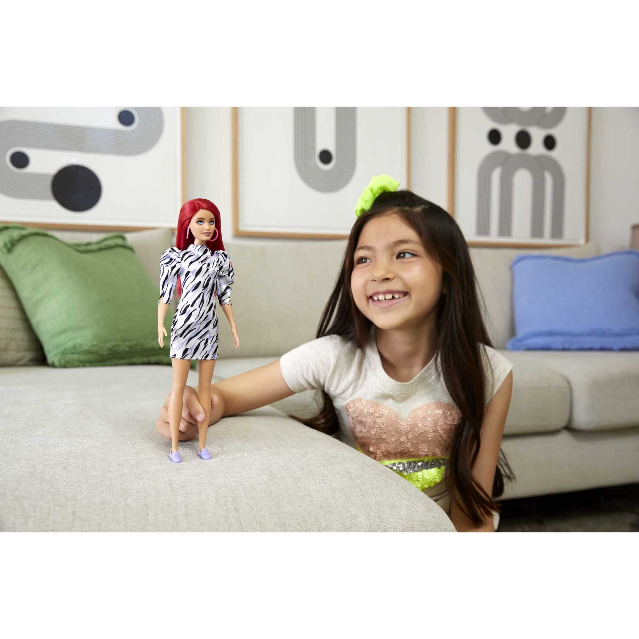 Barbie Fashionistas Doll #168 with Smaller Bust, & Long Red Hair in Zebra-striped Dress