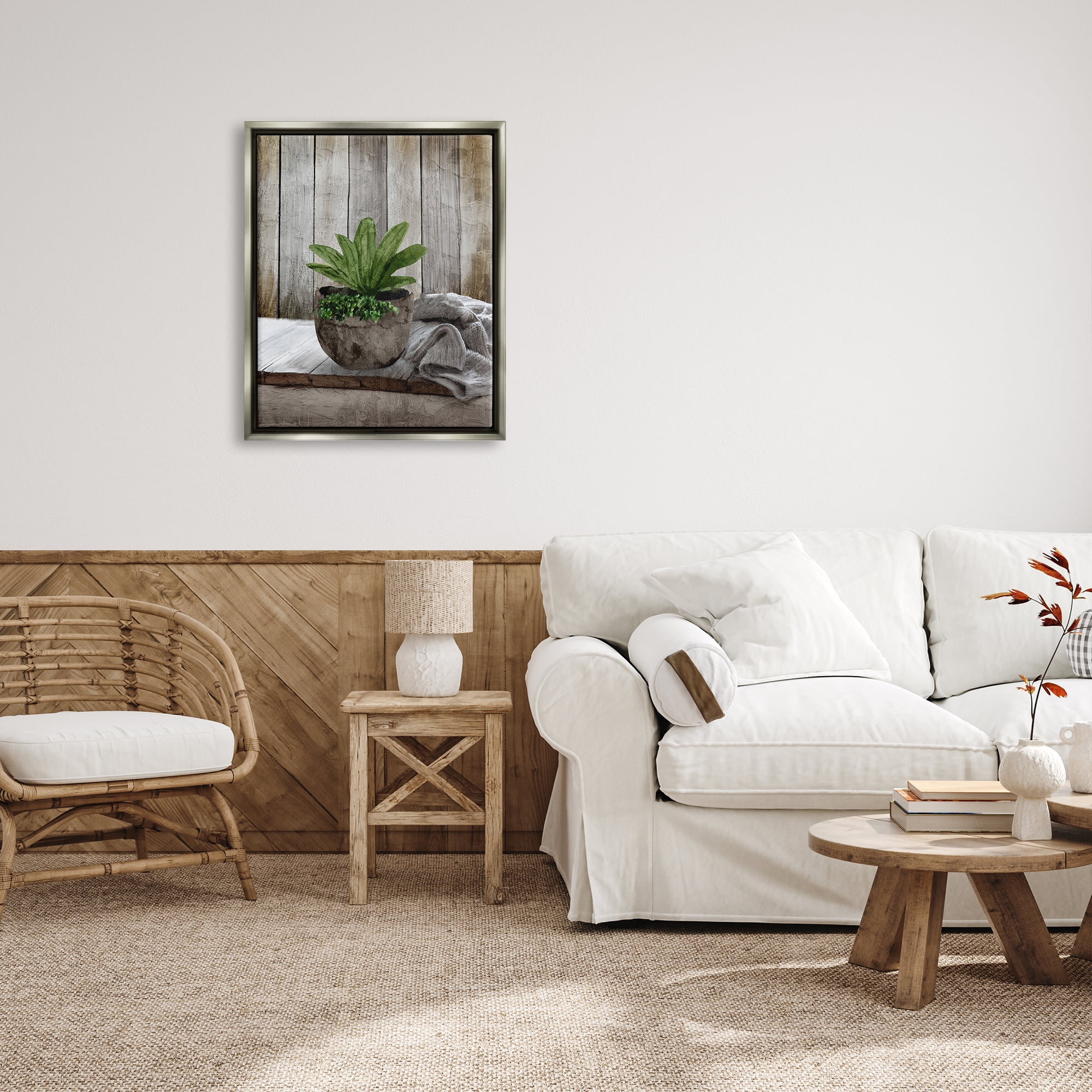 Stupell Industries Cozy Rustic Potted Plant Botanical & Floral Painting Gray Floater Framed Canvas Art Print Wall Art, 25 x 31