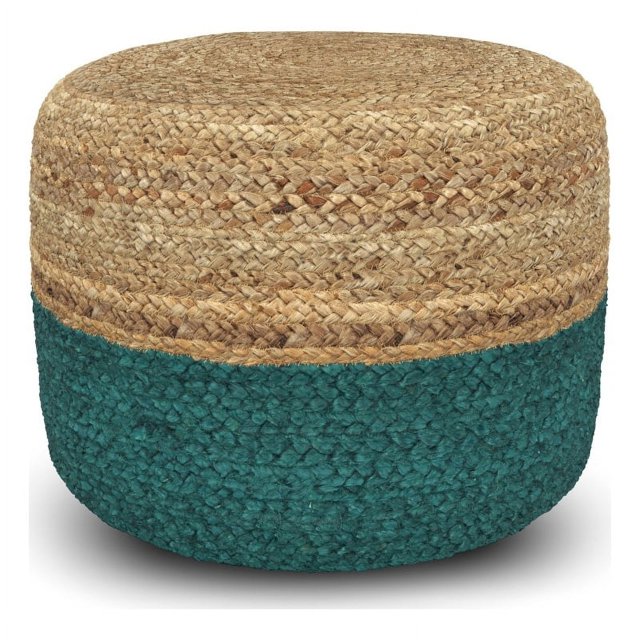 Pouf Rond Contemporain en Jute Tressé Bleu Aqua et Naturel