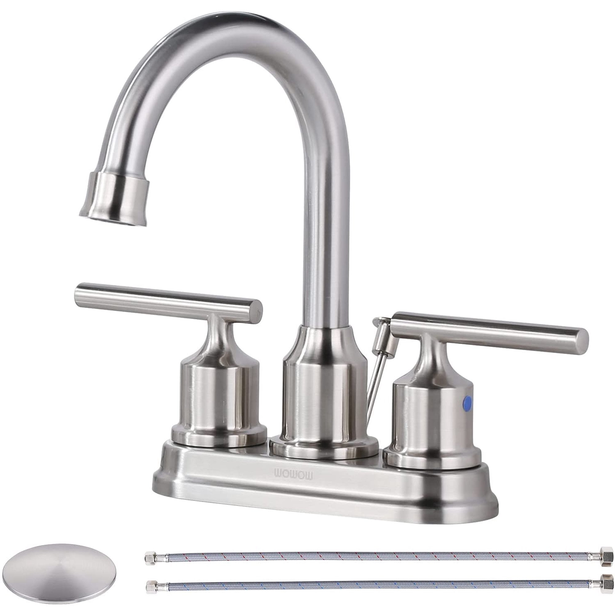 WOWOW 4 Inch Bathroom Faucet 3 Hole Brushed Nickel with Drain Assembly ...
