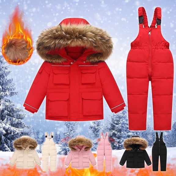 safuny 2Pc Outfits Sets Trackuits Winter Outdoor for Kids Thicken Padded Hoodie Jacket&Jumpsuits Boys Girls Fashion Solid Color Down Jackets Keep Thickening Warm Beige