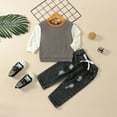 thumbnail image 2 of Coerni Kids Summer Outfit Soft Cotton Warm Crewneck Long Sleeve Solid Color Patchwork Top And Ripped Jeans Boys Clothes, 2 of 5