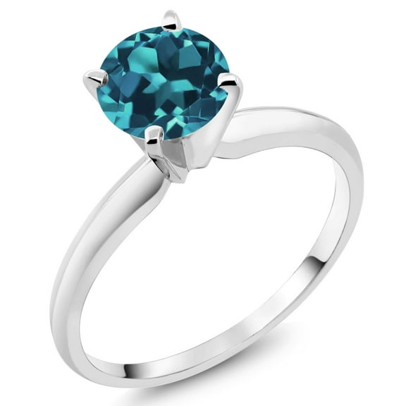 Gem Stone King 14K White Gold London Blue Topaz Solitaire Engagement 4-Prong Ring for Women | 1.10 Cttw | Round 6MM | Gemstone November Birthstone (Size 5)