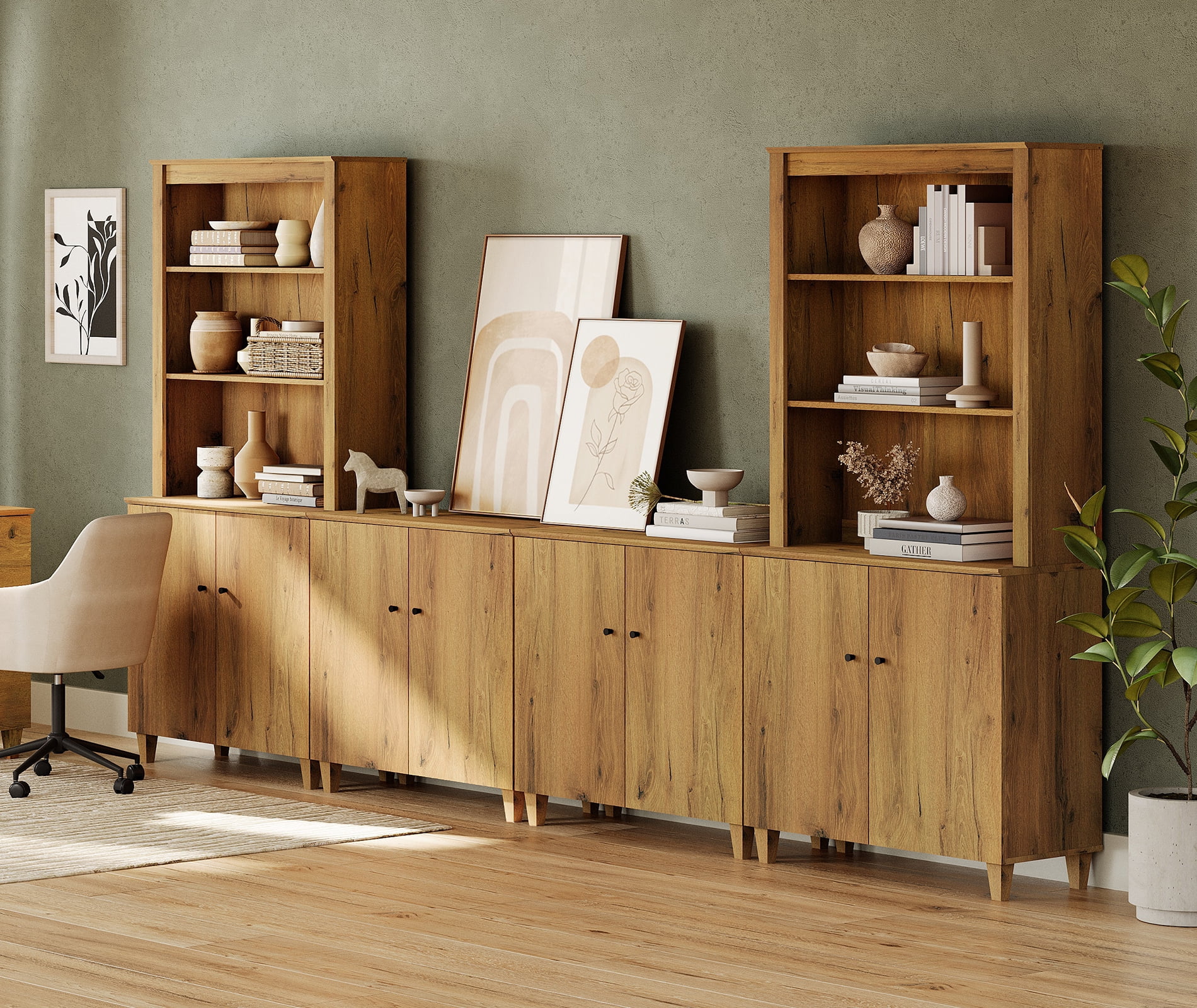 WAMPAT Modern Entertainment Center for 75" TVs, Wood TV Stand with Bookshelves and Cabinets for Living Room, Oak Brown