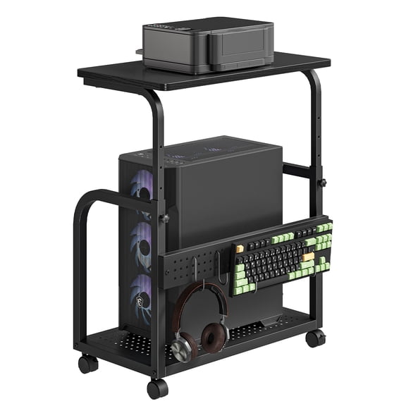 HOOBRO Height Adjustable Rolling Computer Tower Stand with Pegboard & Hooks, Black