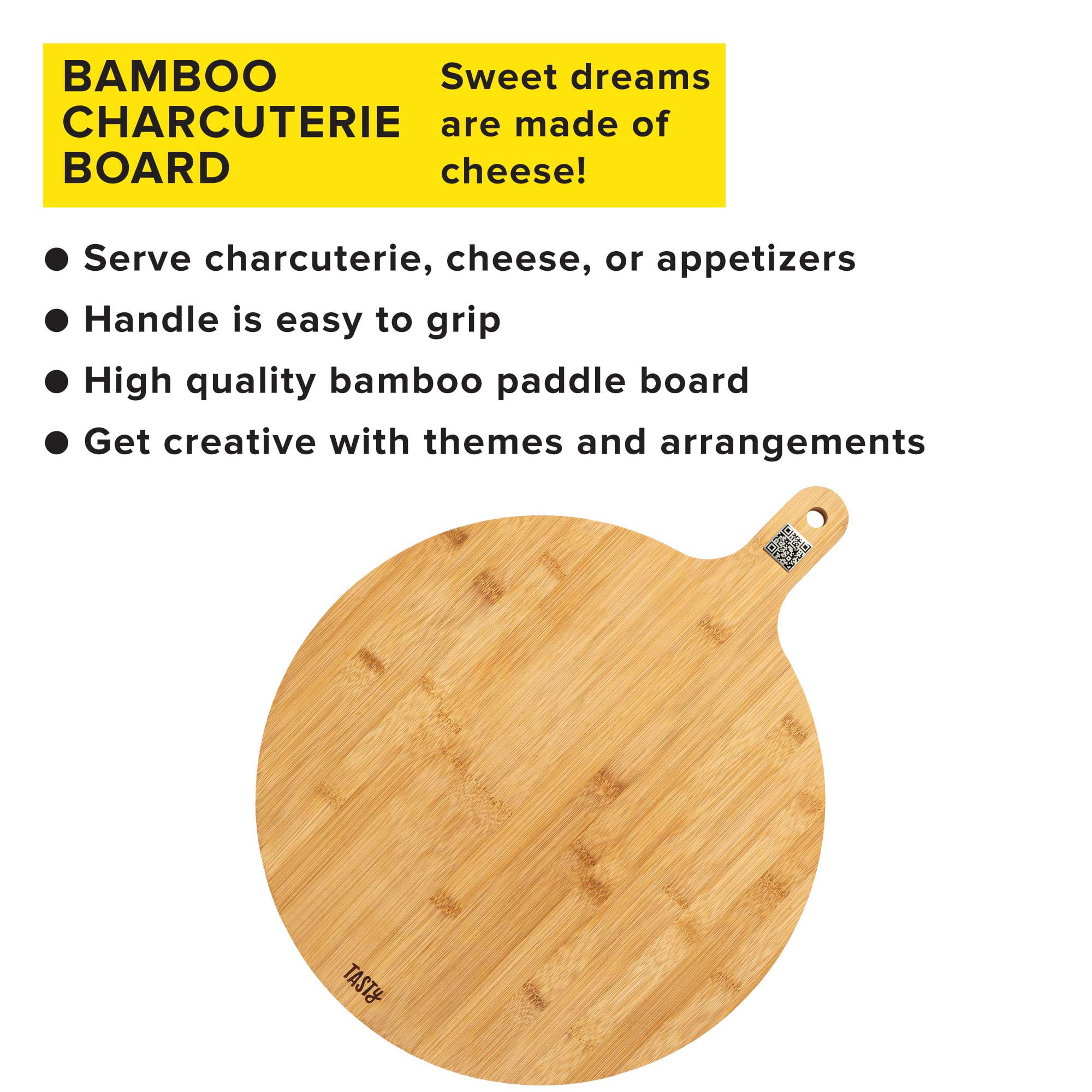 Tasty Bamboo Round Charcuterie Board with Handle, Paddle Cheese Board, 15.5" Round