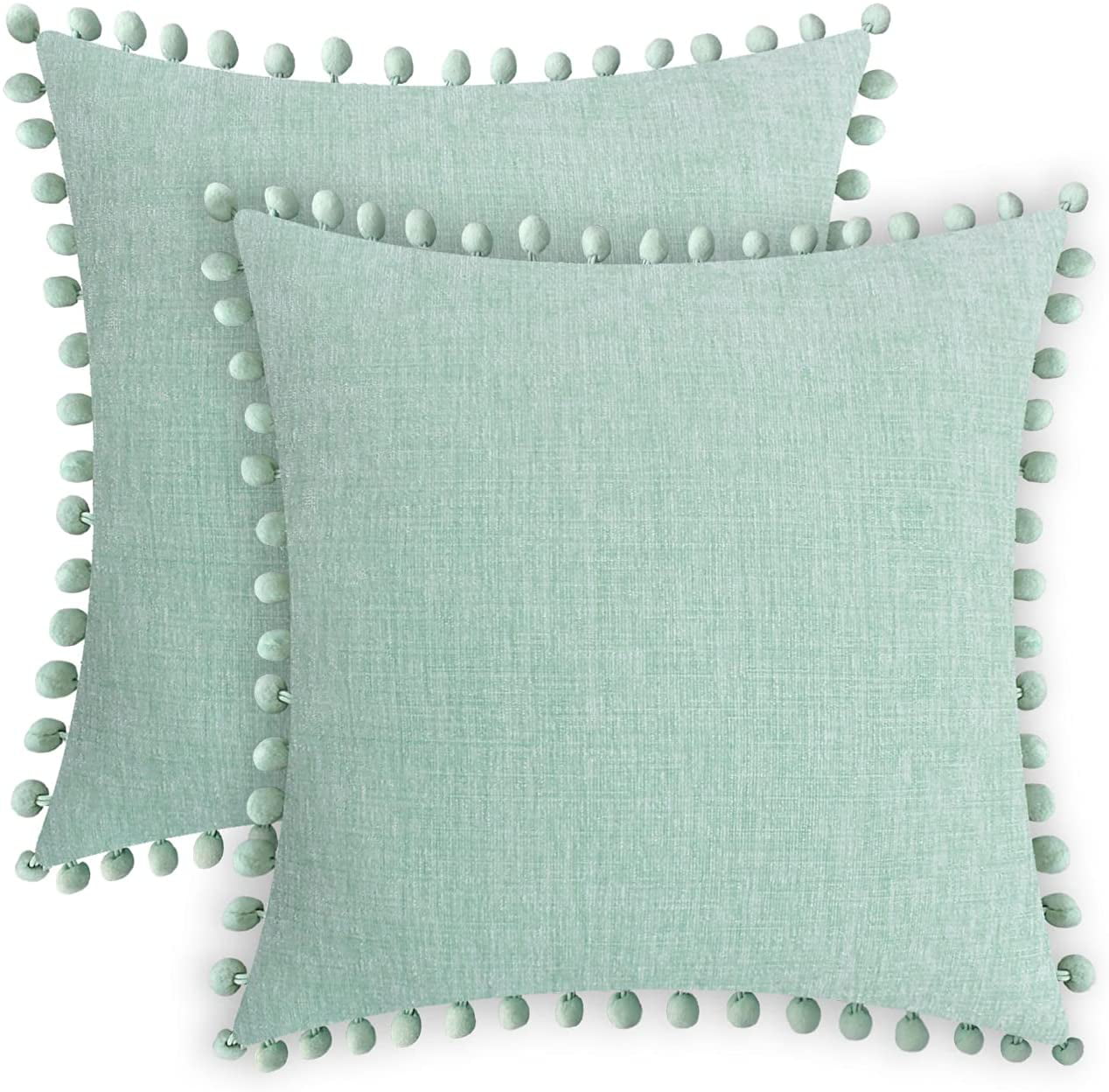 CaliTime Throw Pillow Cases Pack of 2 Cozy Solid Dyed Soft Chenille Cushion Covers with Pom Poms for Couch Sofa Home Decoration 20 X 20 Inches Teal
