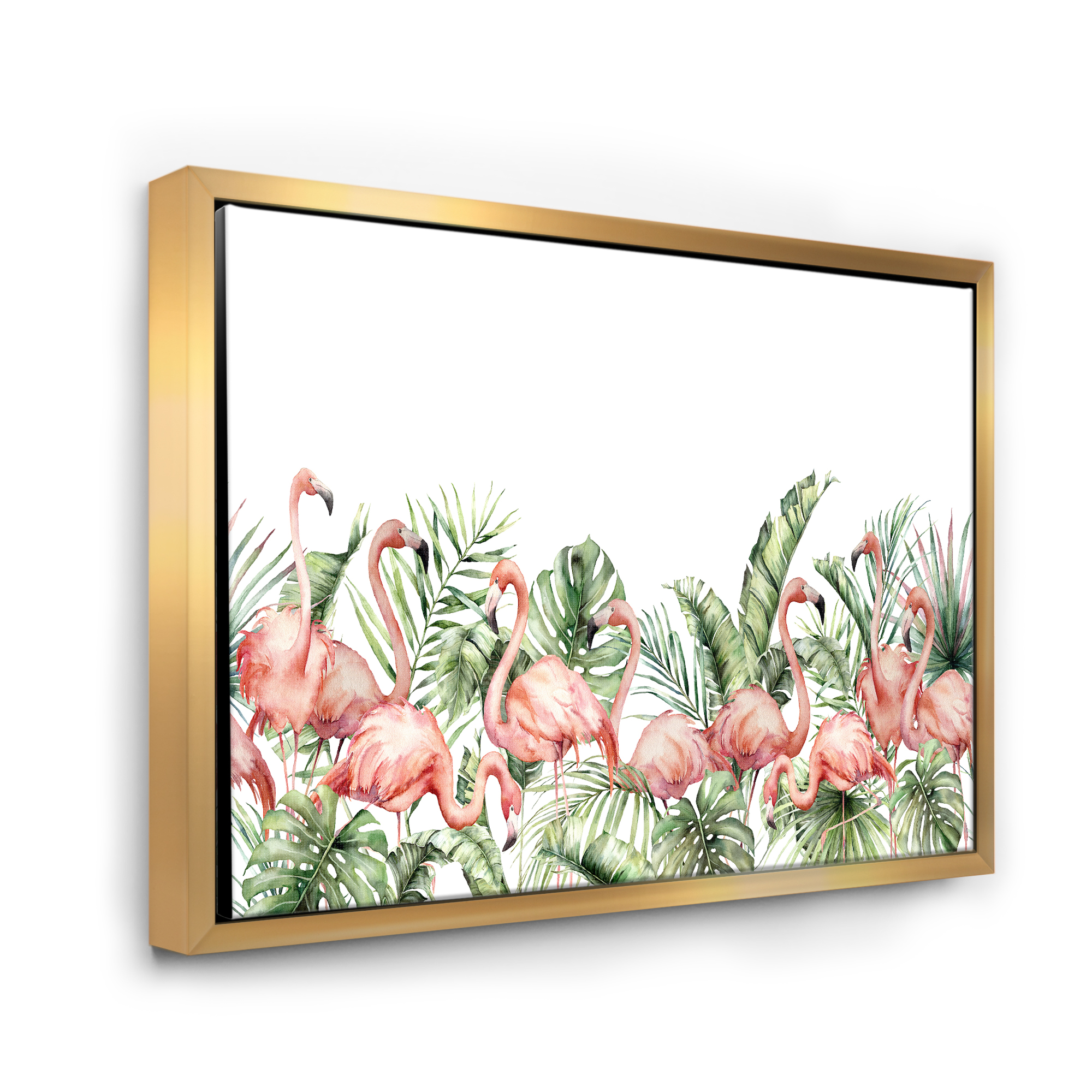 Designart 'Palm Leaves and Pink Flamingos Tropical Birds' Traditional Framed Canvas Wall Art Print