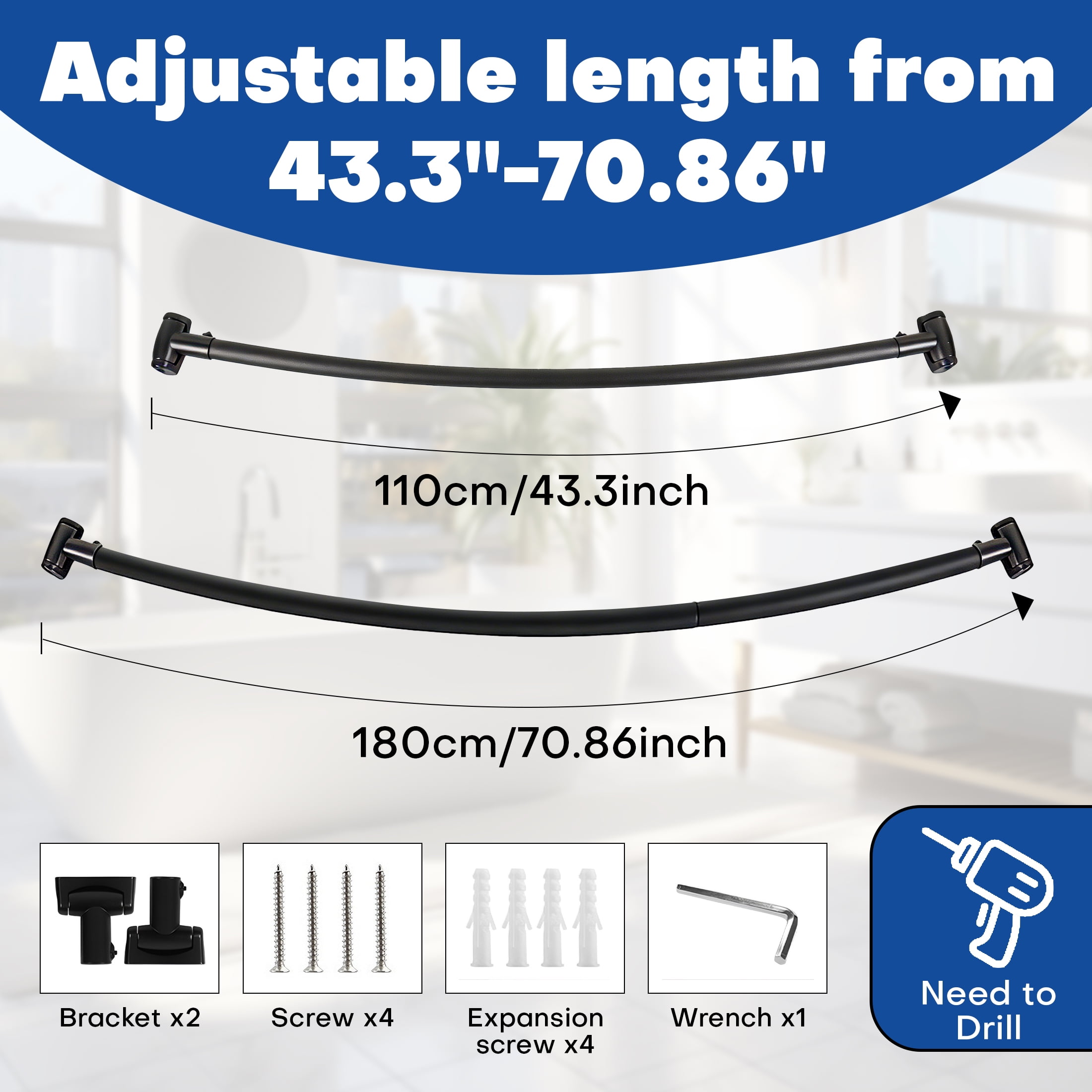 Curved Shower Curtain Rod, 43" to 71" Adjustable Curtain Rod, Rustproof Expandable Shower Rod, Shower Curtain Rod for Bathroom, Shower Rooms, Bathtubs, Clothing Stores, Fitting Rooms, Balconies