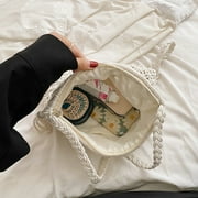 Women Crochet Shoulder Bag, Knitting Handmade Weaving Handbag, Simple Hollow Beach Bag,White