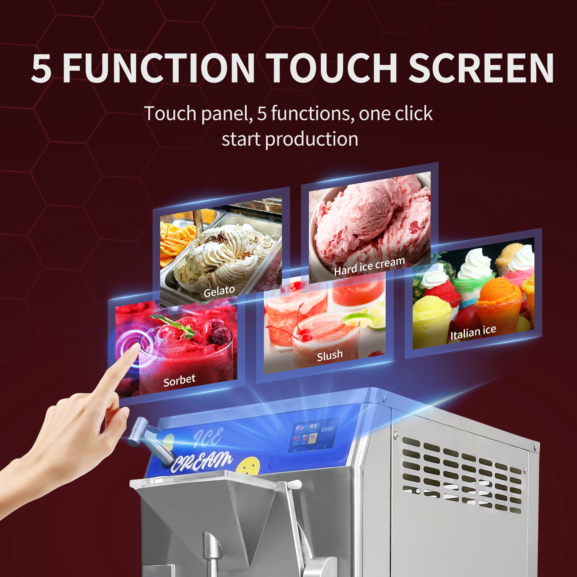 Mvckyi Hard Ice Cream Machine Commercial, Batch Freezer 13 Gallon/H, Gelato Ice Cream Maker, Italian Water Ice Machine, 5 Inch Touch Control Panel, with Water Spray, for Restaurant Bar