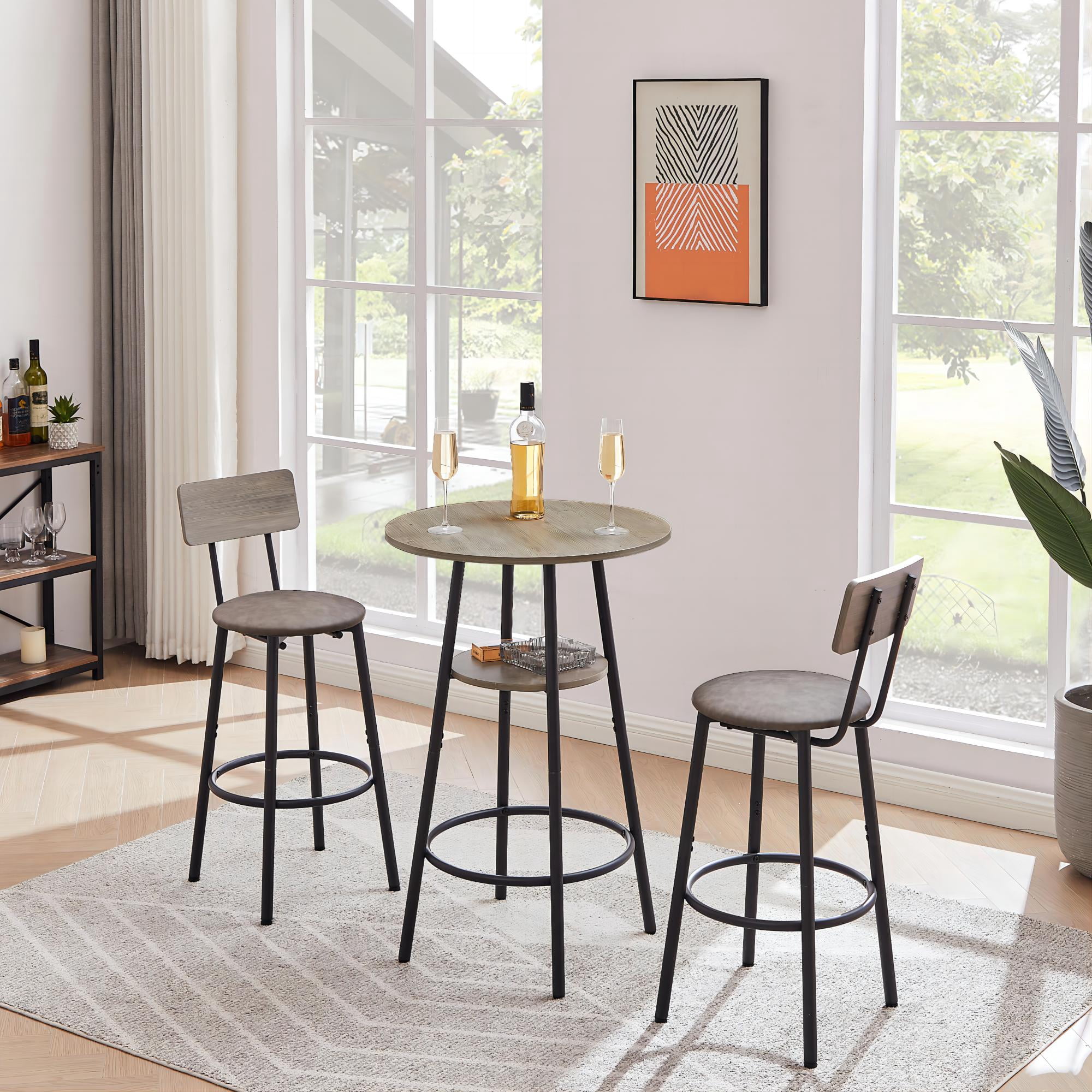 DEALTOPS Round bar stool set with shelf, upholstered stool with backrest-Grey
