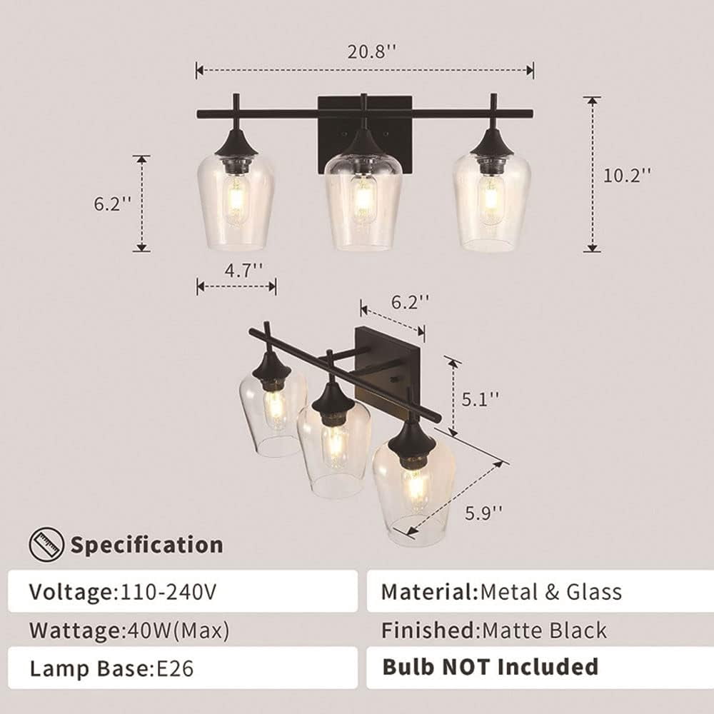 3-Light Vanity Lamp Bathroom Lighting Fixture, Vintage Matte Black Mirror Front Light, E26/E27 Wall Sconce Bath Wall Lamps with Clear Glass Shade Over Mirror Cabinet