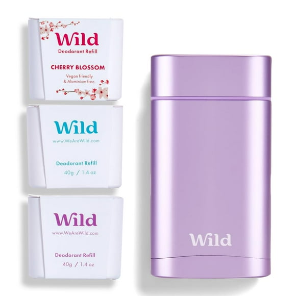 Wild - Purple Case with Refill Variety Pack - Refillable Deodorant - Aluminum Free - Includes Fresh Cotton & Sea Salt, Cherry Blossom and Coconut & Vanilla Scents - Vegan