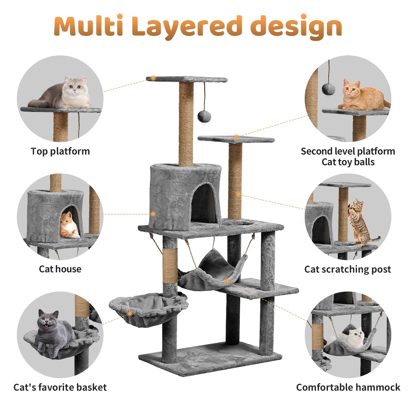 ZephyPaws 52in 5-Level Cat Tree Towers for Large Cat with Scratching Post,Condo,2 Perches,Gray