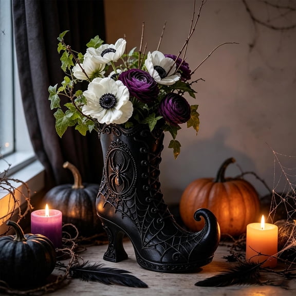 Secfreeship 3D Printed Halloween Witch Boot Vase, Black Resin Spider Web Decorative Figurine, Gothic Style Ornament for Home Tabletop Centerpiece Display